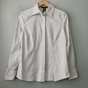 Structured Button Up Shirt Size M Gray Stretch Striped Office Preppy Chic Y2K